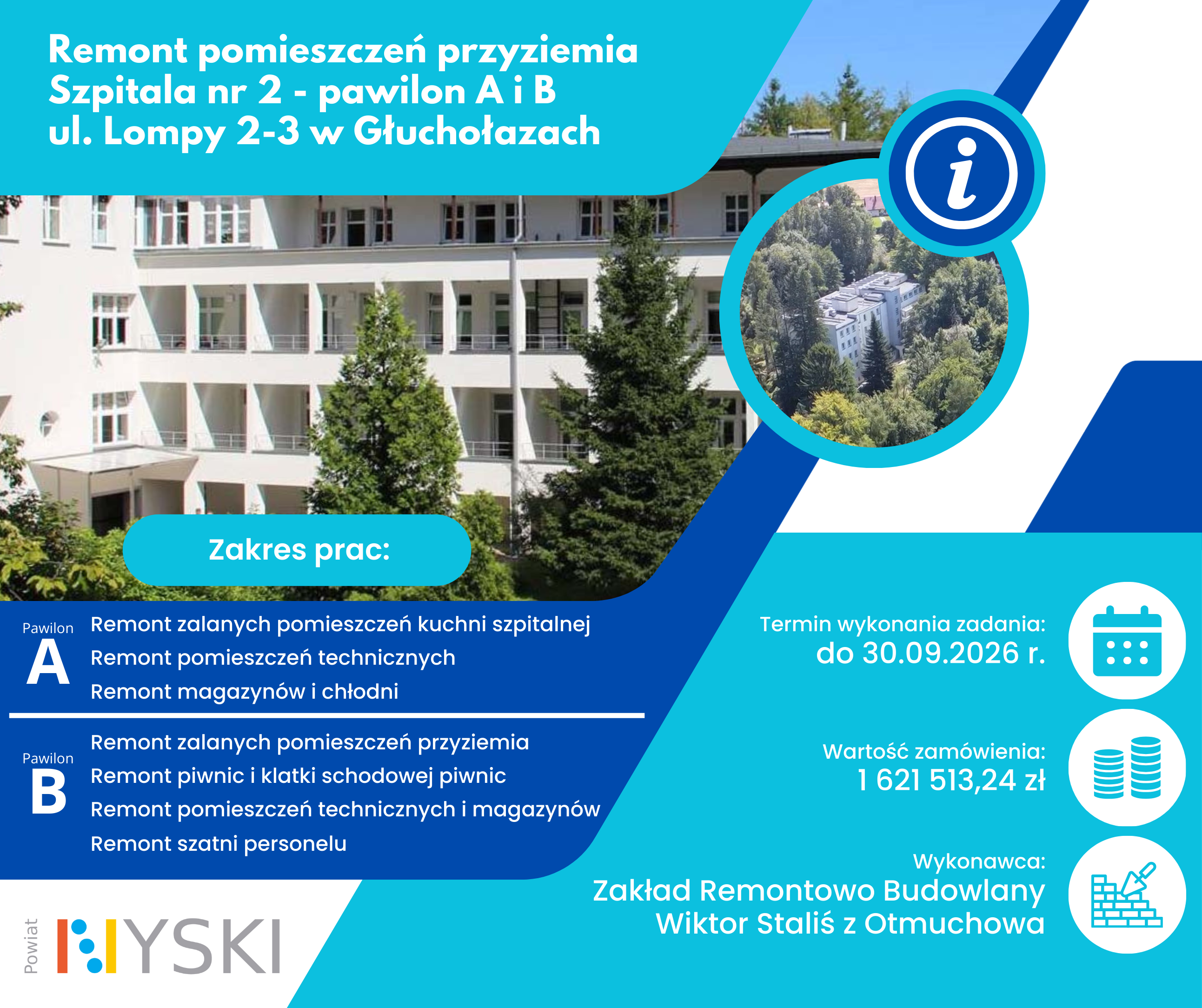 Grafika obejmuje zakres prac remontowych pomieszczeń przyziemia Szpitala nr 2 - pawilon A i B ul. Lompy 2-3 w Głuchołazach, termin wykonania zadania, wartość zam&oacute;wienia oraz wykonawcę.