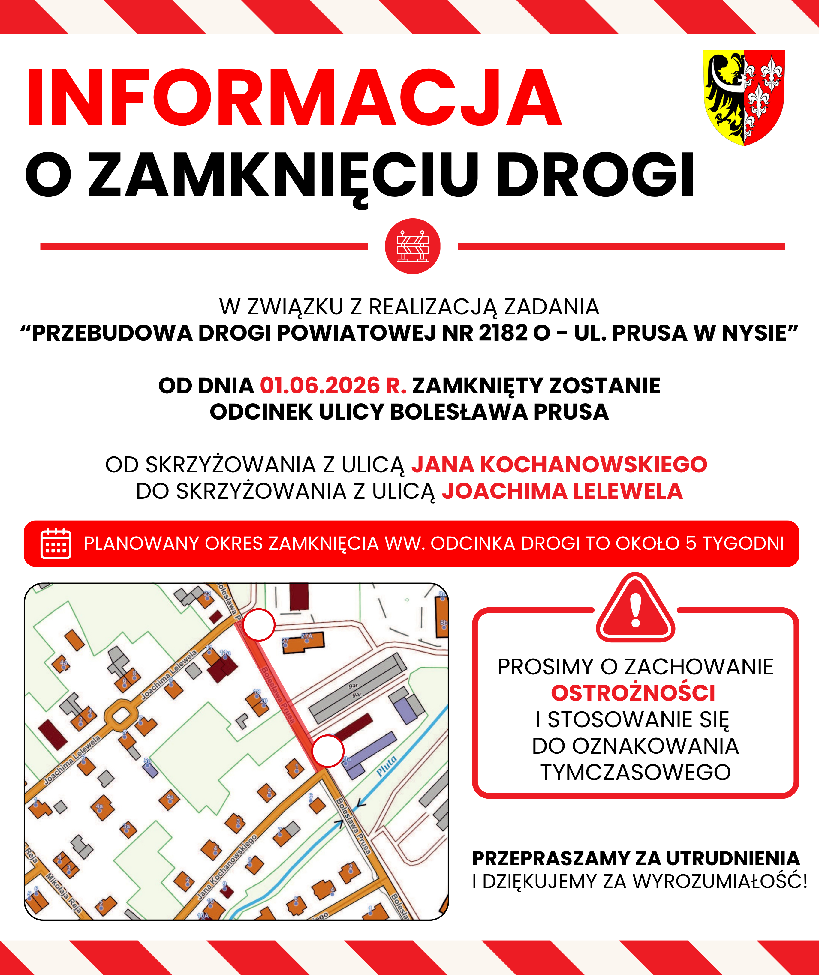 Od 1 czerwca zamknięty zostanie odcinek ulicy B. Prusa - od skrzyżowania z ul. J. Kochanowskiego do skrzyżowania z ul. J.Lelewela. 