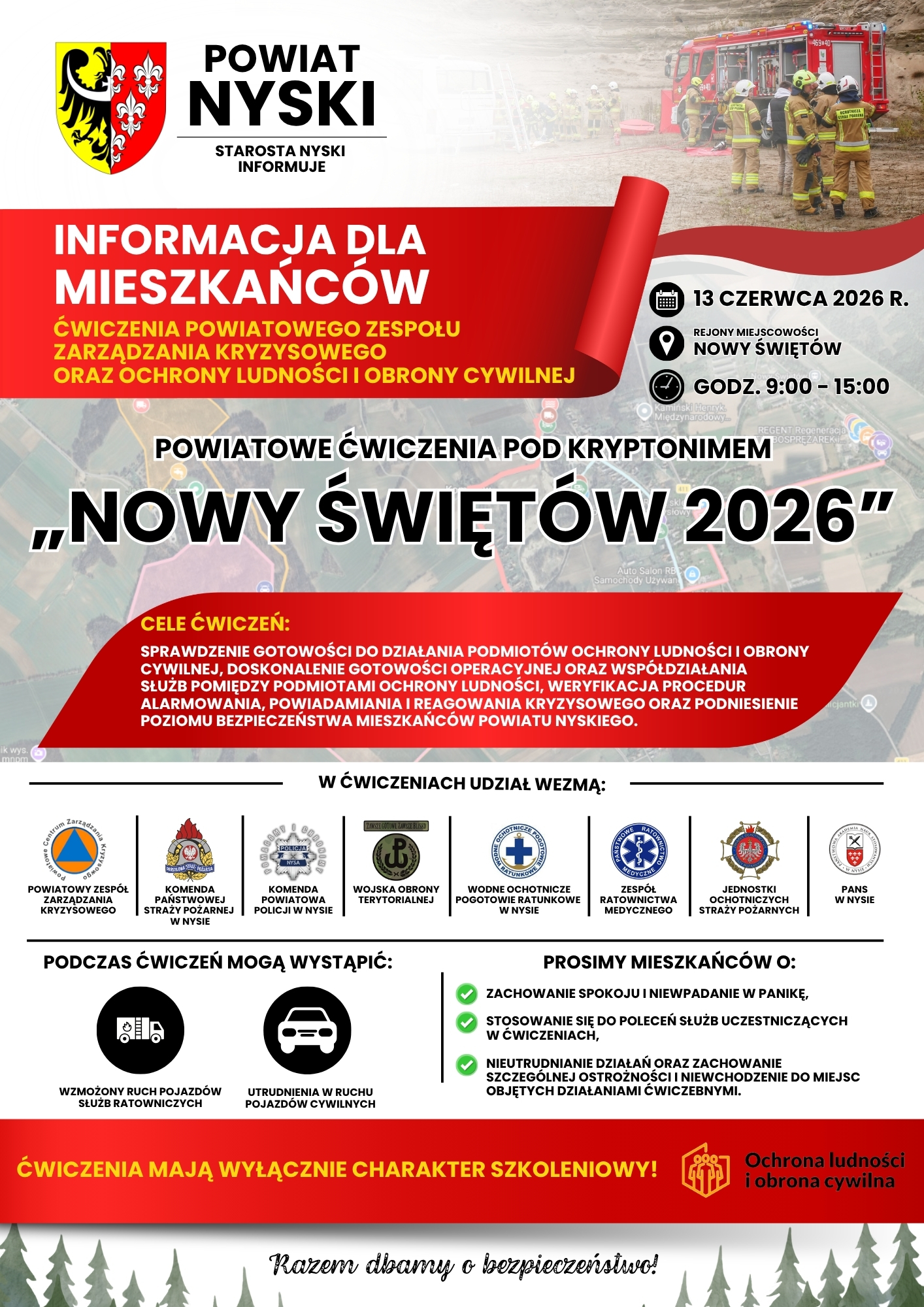 Plakat informujący o Ćwiczeniach Powiatowego Zespołu Zarządzania Kryzysowego oraz Ochrony Ludności i Obrony Cywilnej 