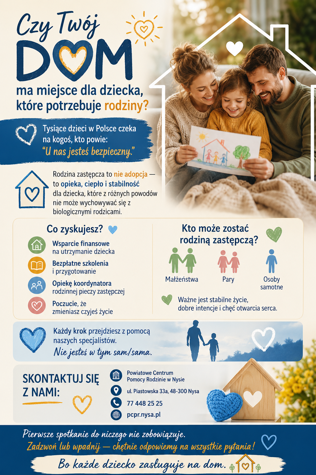 Plakat przedstawia informacje w jaki spos&oacute;b zostać rodzicem zastępczym