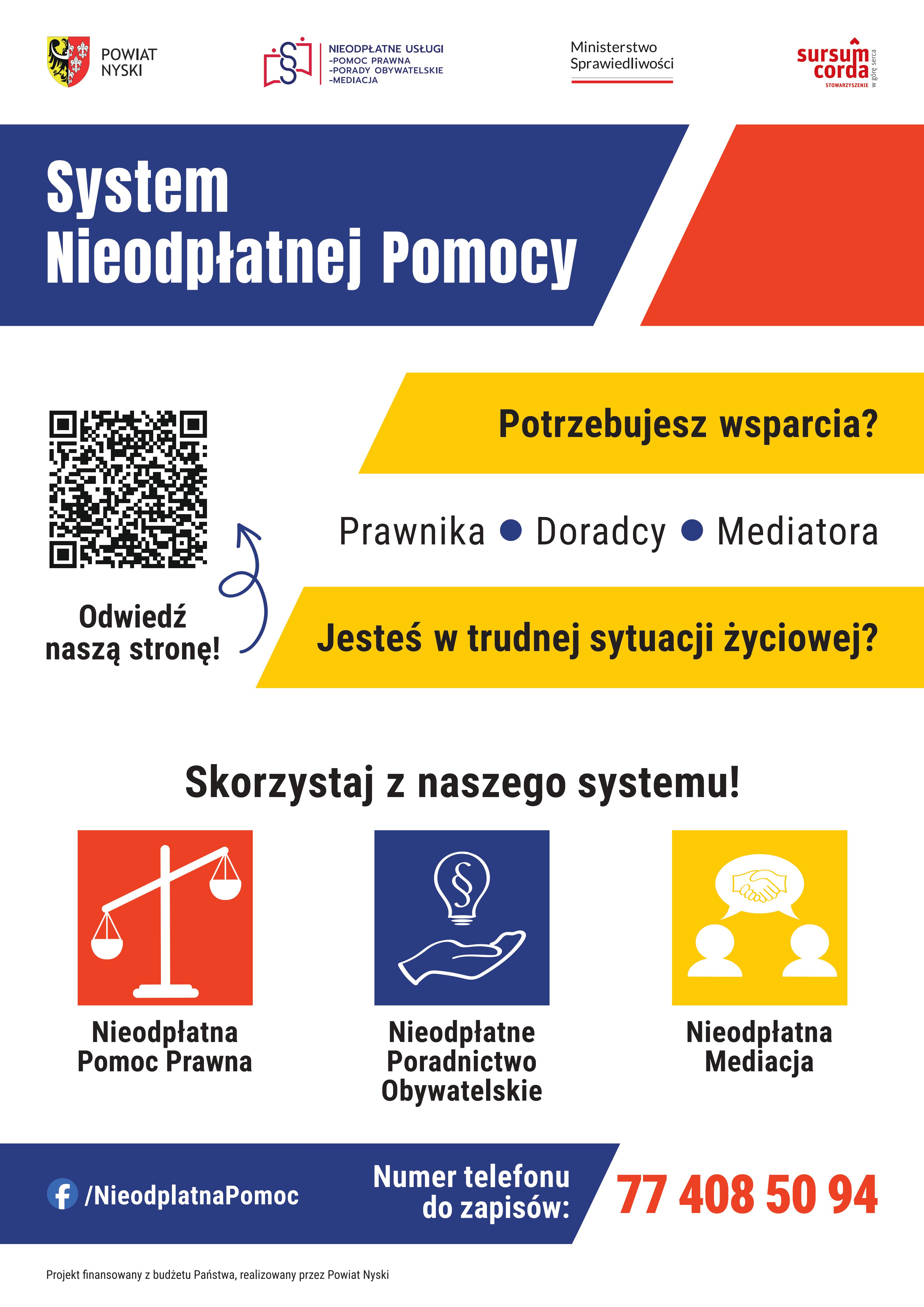 Plakat zachęcający do skorzystania z  Nieodpłatnej pomoc prawnej, poradnictwa obywatelskiego, mediacji oraz edukacji prawnej w 2025 r.
