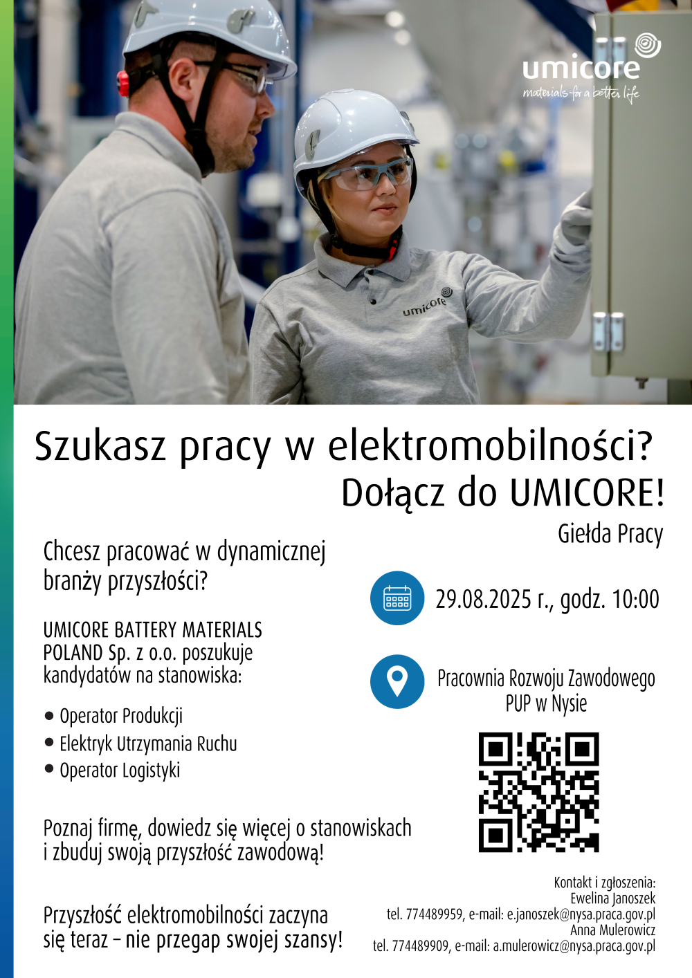 Plakat zachęcający do podjęcia pracy w branży elektromobilności – dołącz do UMICORE! 