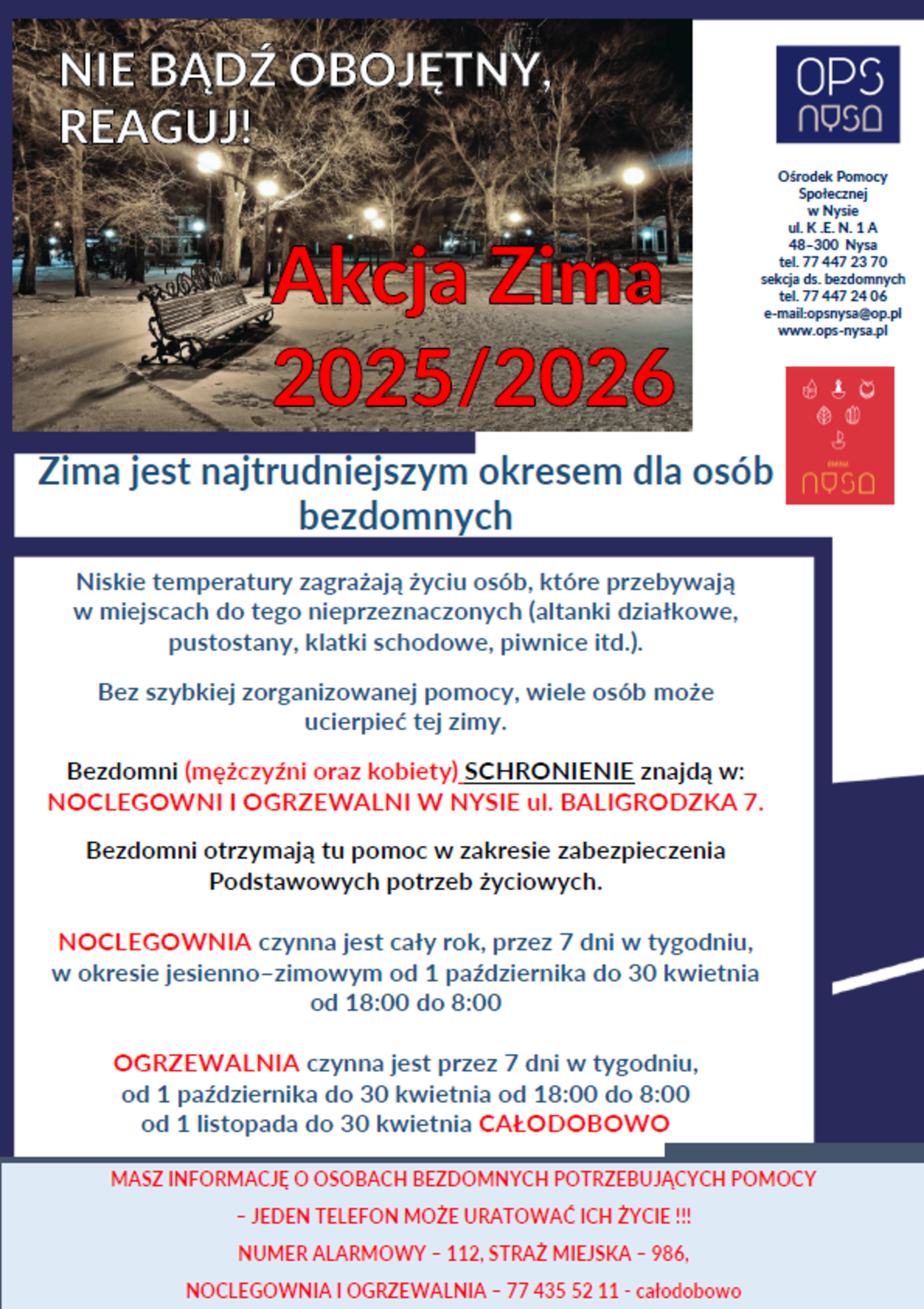 Akcja Zima 2025/2026 Plakat przedstawia informacje nt. miejsc pomocy osobom bezdomny