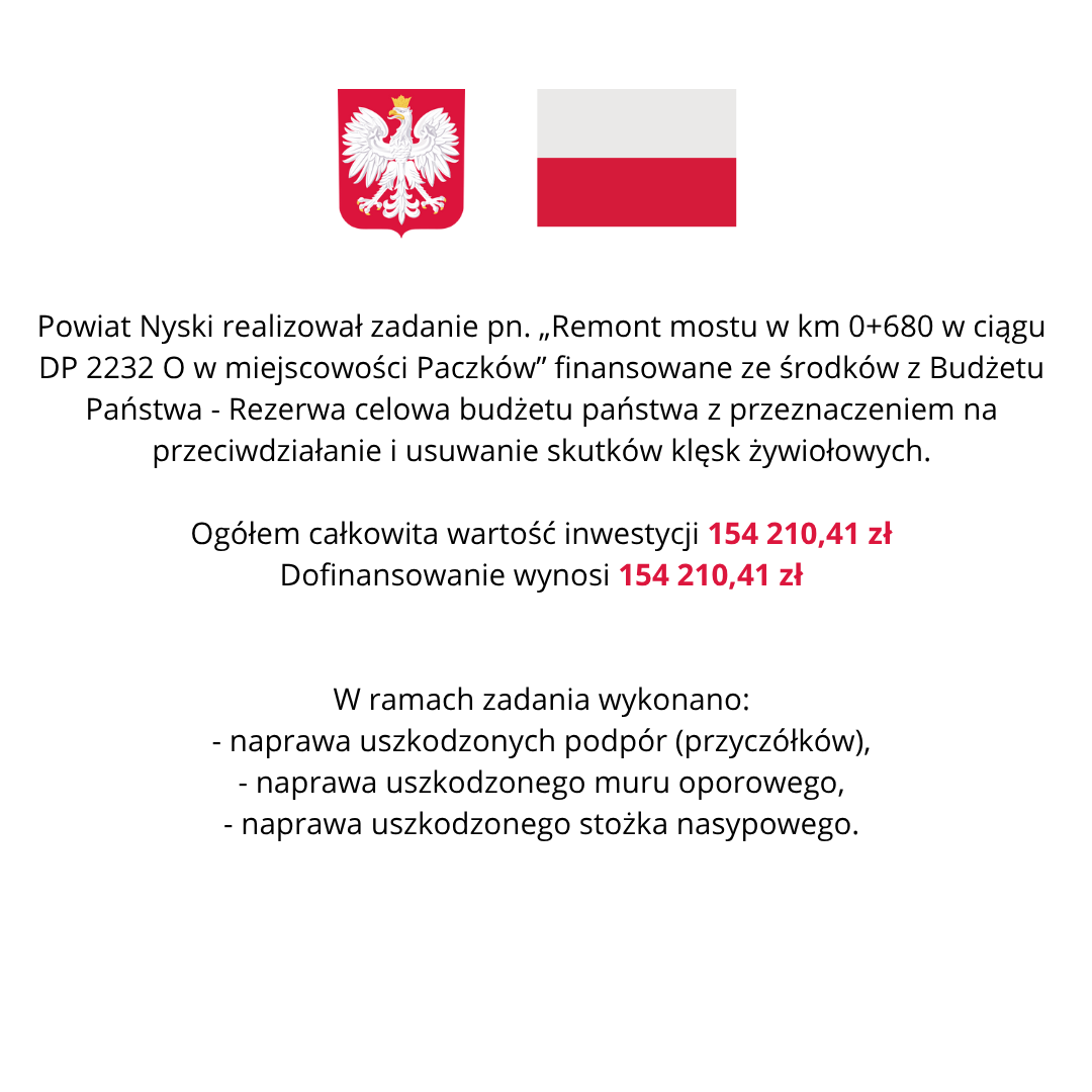 Powiat Nyski realizował zadanie pn. „Remont mostu w km 0+680 w ciągu DP 2232 O w miejscowości Paczków” finansowane ze środków z Budżetu Państwa