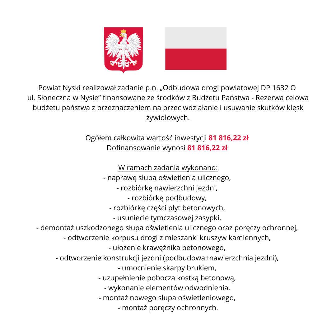Powiat Nyski realizował zadanie p.n. „Odbudowa drogi powiatowej  DP 1632 O                  ul. Słoneczna w Nysie” finansowane ze środków z Budżetu Państwa