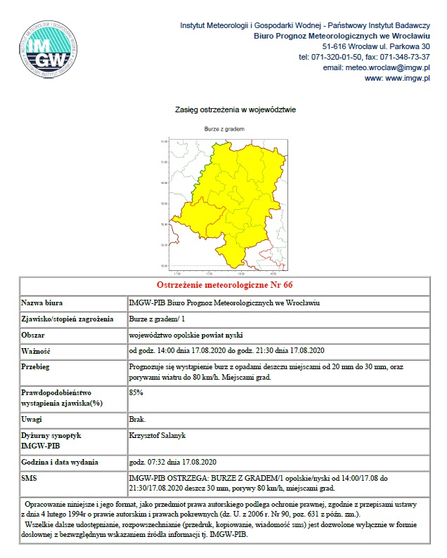 Ostrzeżenie meteorologiczne o możlwiości wystąpnienia w dniu 17.08.2020 r. burz z opadami deszczu i gradem