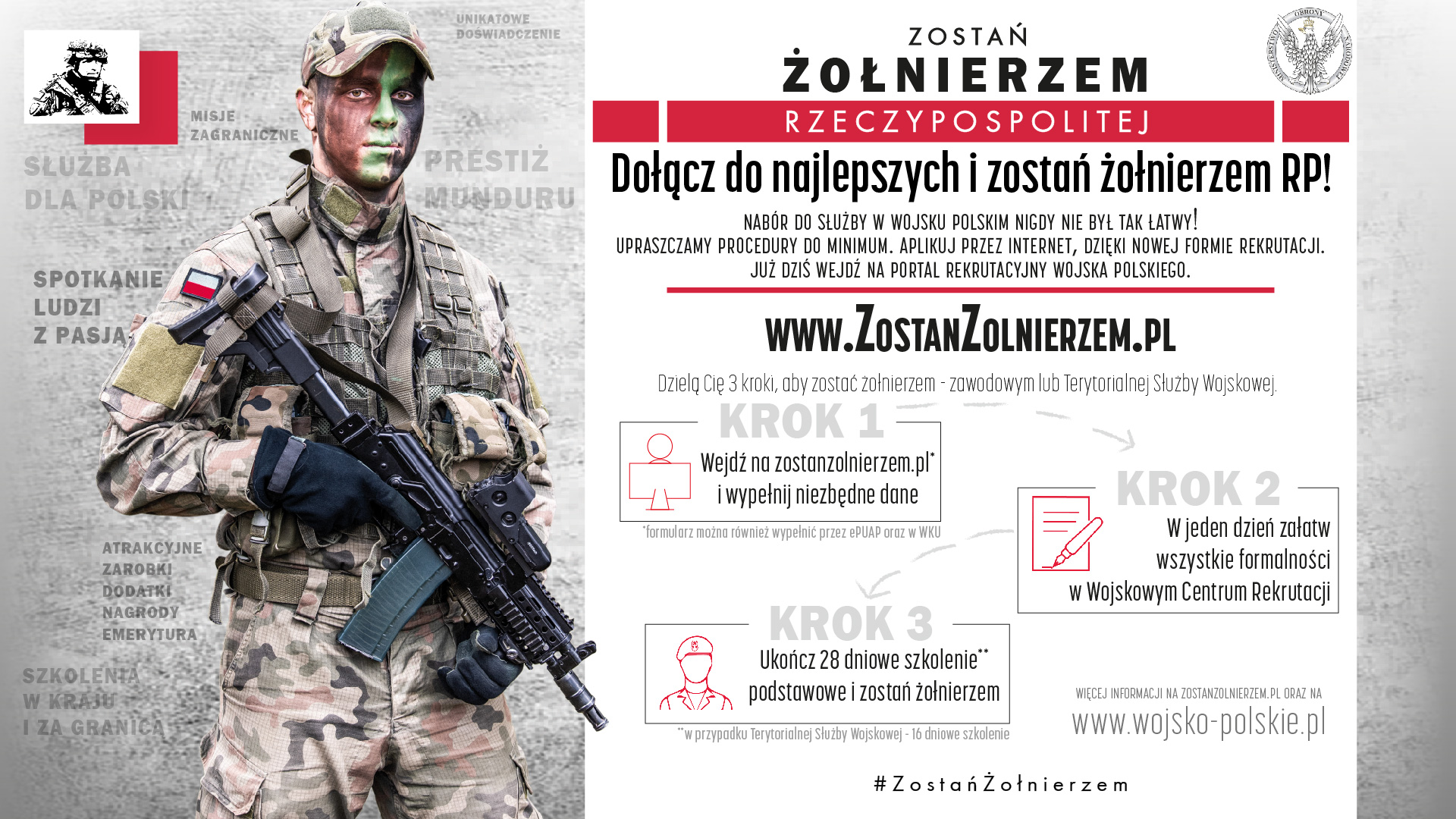 Plakat przedstawia zasady  rekrutacji do Wojska Polskiego