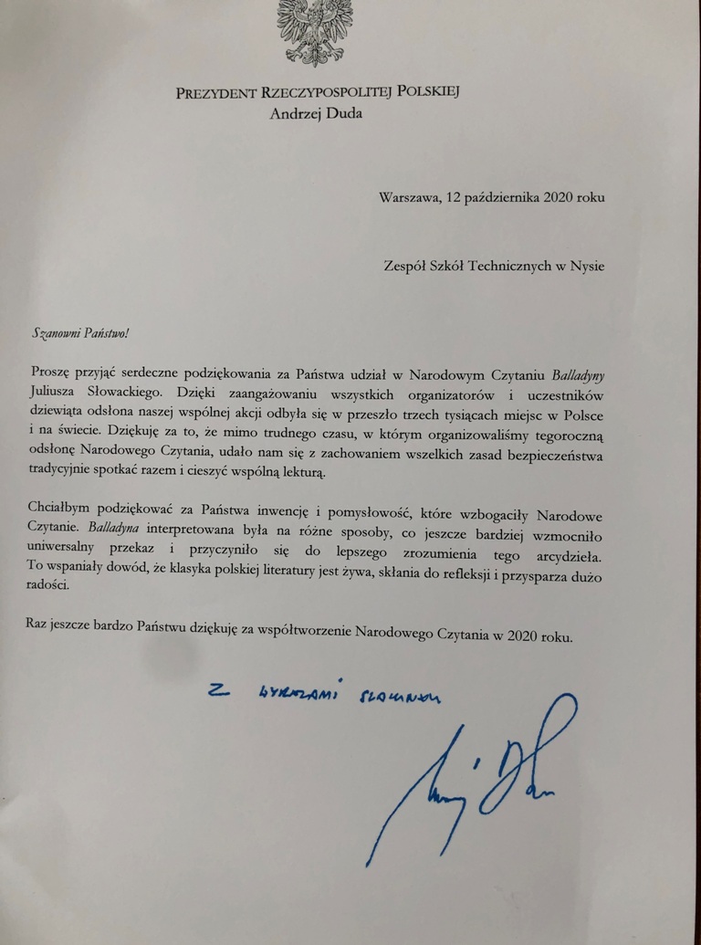 Podziękowanie od Prezydenta Rzeczypospolitej Andrzeja Dudy za udział w tegorocznej odsłonie Narodowego Czytania 