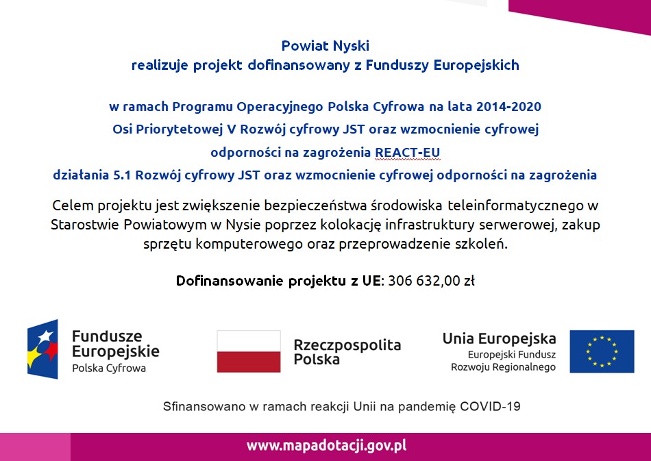 plakat informujący o dofinansowaniu projektu realizowanego przez Powiat Nyski w ramach Programu Operacyjnego Polska Cyfrowa