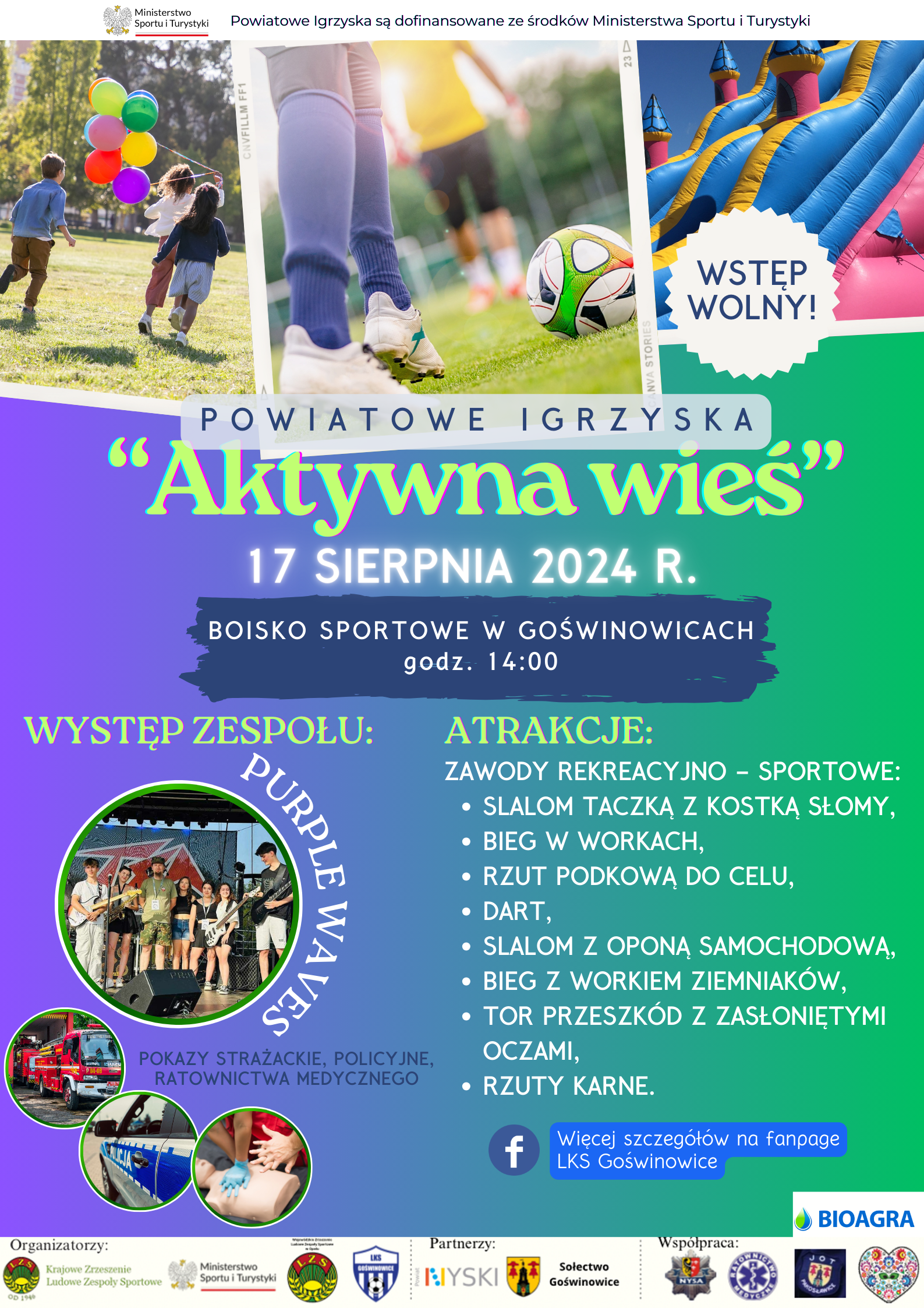 Plakat zapraszający na Powiatowe Igrzyska Aktywna Wieś, które odbędą się 17 sierpnia 2024 r. w Goświnowicach