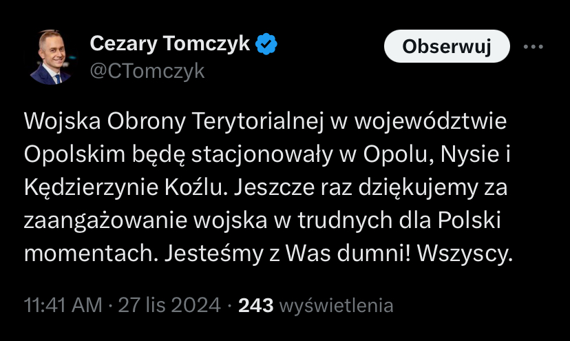 27 listopada informację o utworzeniu nowej jednostki Wojsk Obrony Terytorialnej w Nysie potwierdził Cezary Tomczyk, sekretarz stanu w Ministerstwie Obrony Narodowej