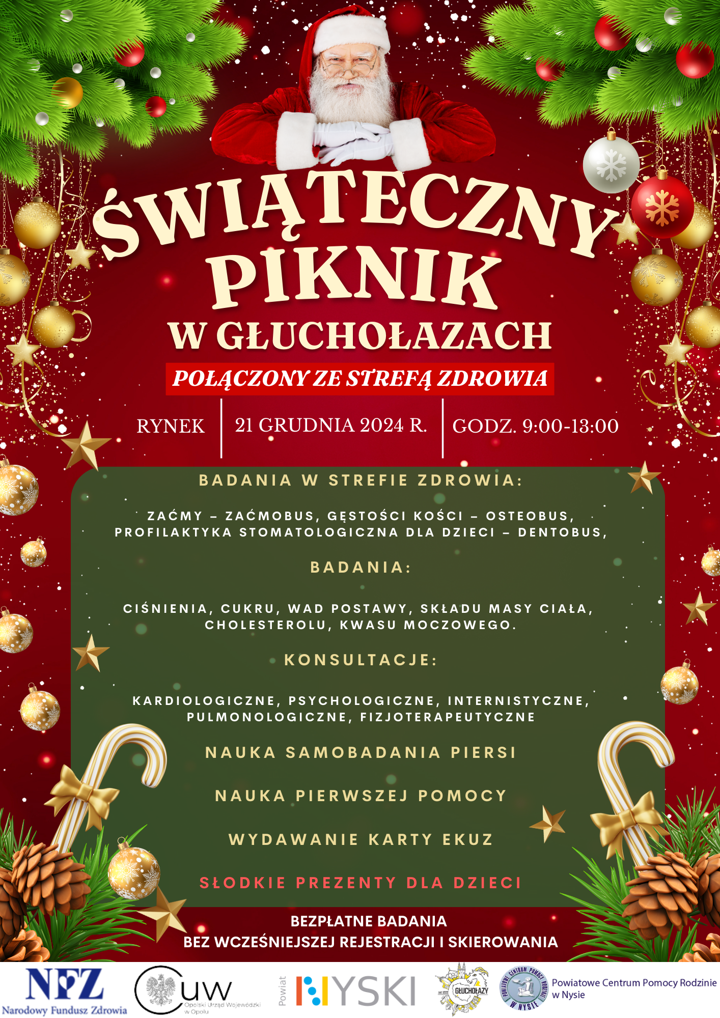 Świąteczny Piknik, który odbędzie się 21 grudnia w godzinach 9:00 - 13:00 na Rynku w Głuchołazach.