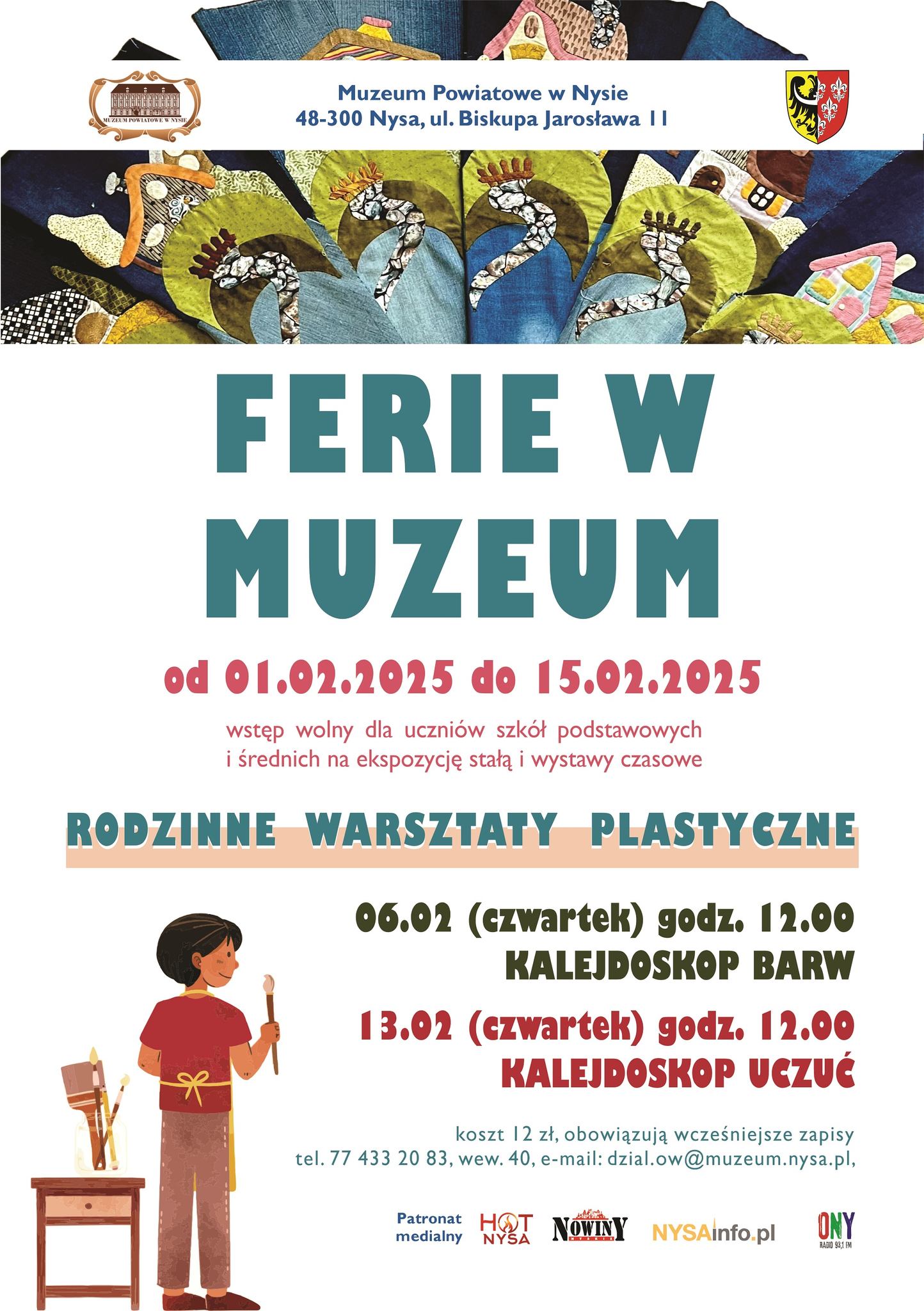 Plakat przedstawia ofertę dotyczącą ferii zimowych w Muzeum Powiatowym w Nysie