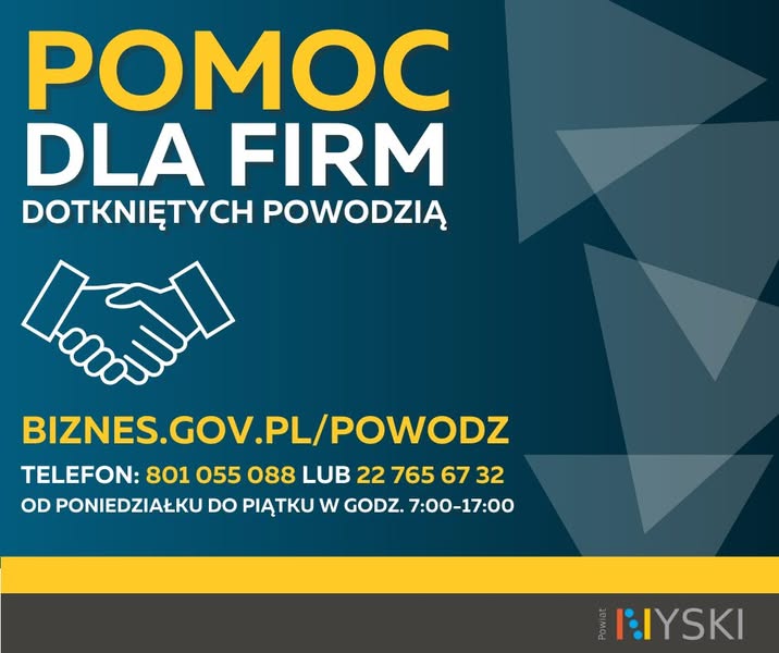 Plakat przedstawia pomoc dla firm dotkniętych powodzią