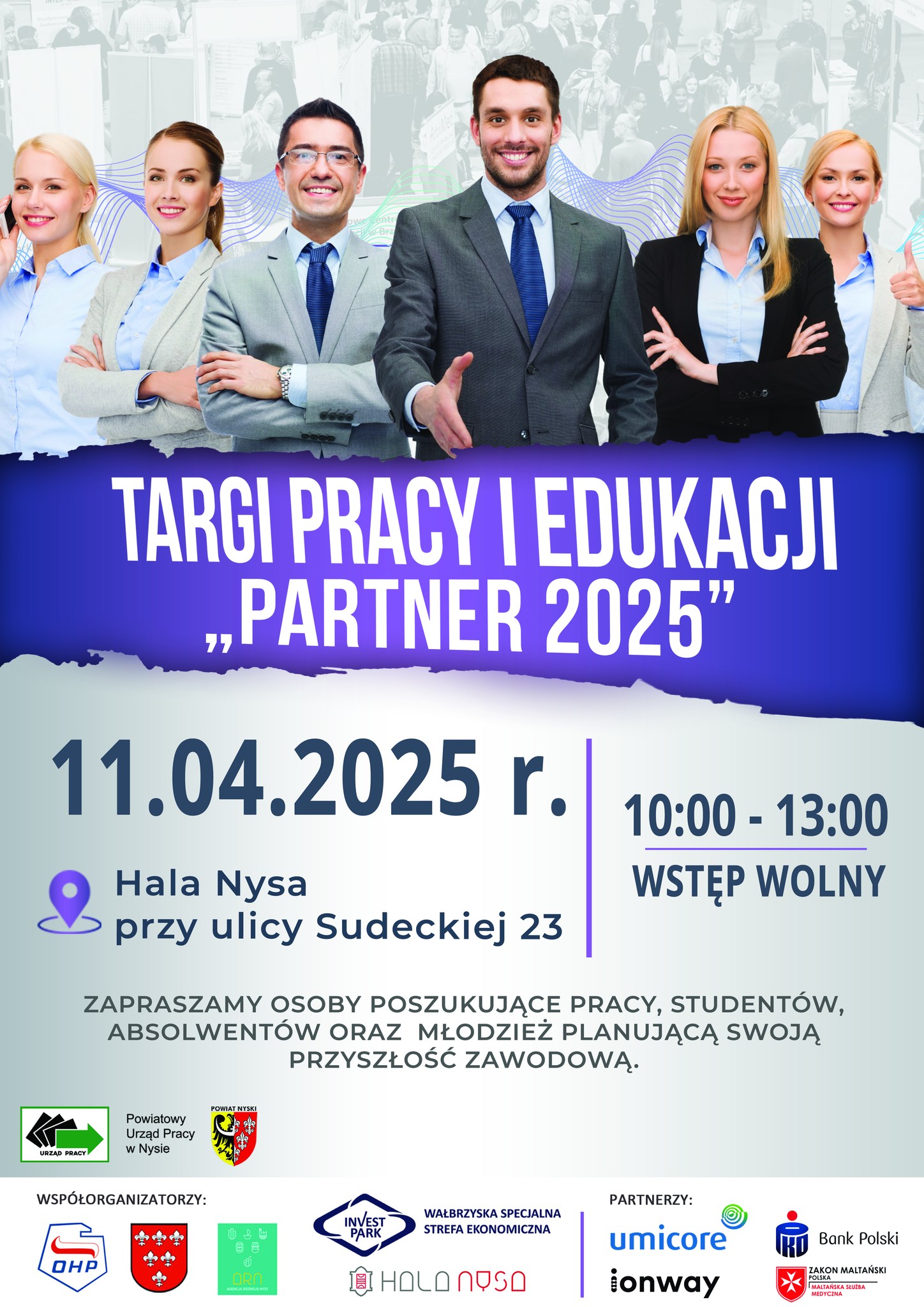 Plakat przedstawia Targi Pracy 2025,organizowane przez Urząd Pracy w Nysie