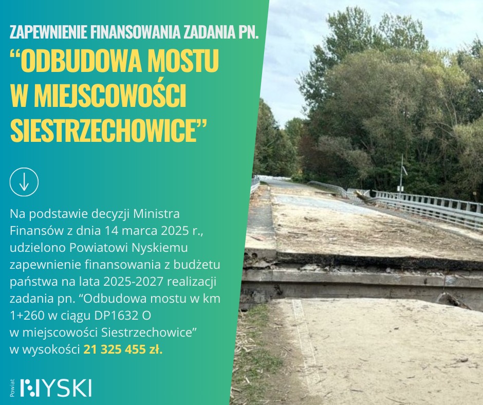 Plakat przedstawia uszkodzony most w miejscowości Siestrzechowice