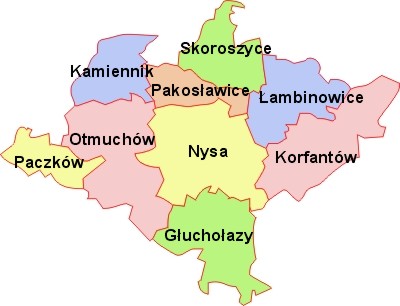 Starostwo Powiatowe w Nysie obsługuje mieszkańców 9 gmin wchodzących w skład Powiatu Nyskiego: Nysa, Głuchołazy, Paczków, Otmuchów, Korfantów, Pakosławice, Skoroszyce, Łambinowice, Kamiennik.